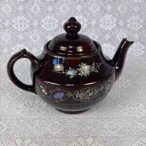 Vintage Mikado Japan Brown Teapot Hand Painted Floral Gold Trim